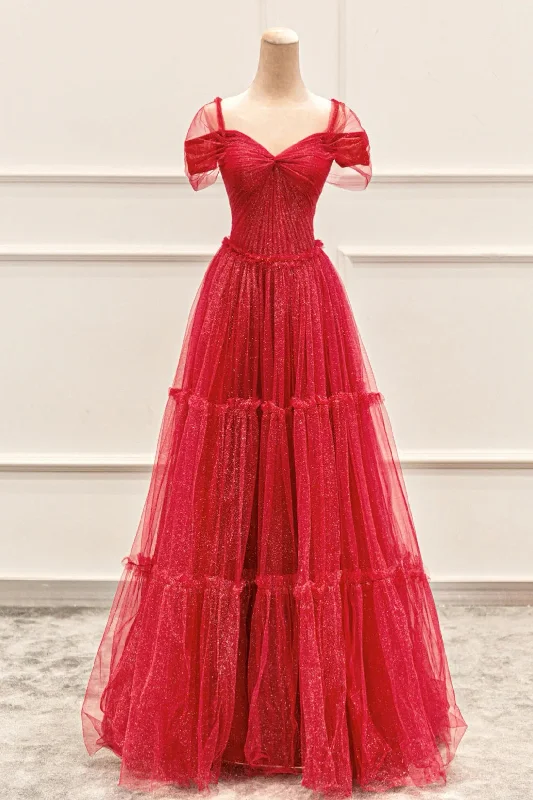 Steals and Deals Red Tulle Long A-Line Prom Dress, Off the Shoulder Evening Party Dress Steals and Deals Red Tulle Long A-Line Prom Dress, Off the Shoulder Evening Party Dress