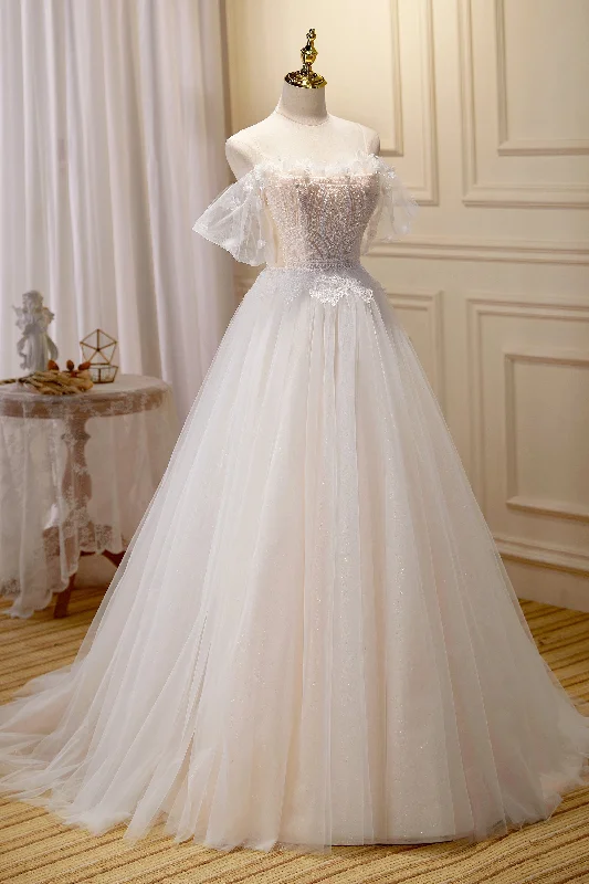 Great Bargains Chic Spaghetti Straps Beading A Line Tulle Wedding Gown