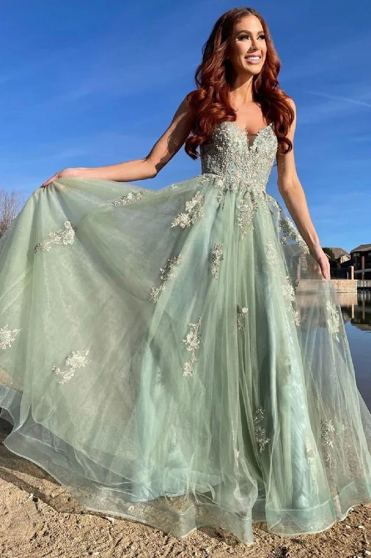 Act Fast Green Spaghetti Strap Lace Long Prom Dress, A-Line V-Neck Formal Evening Dress
