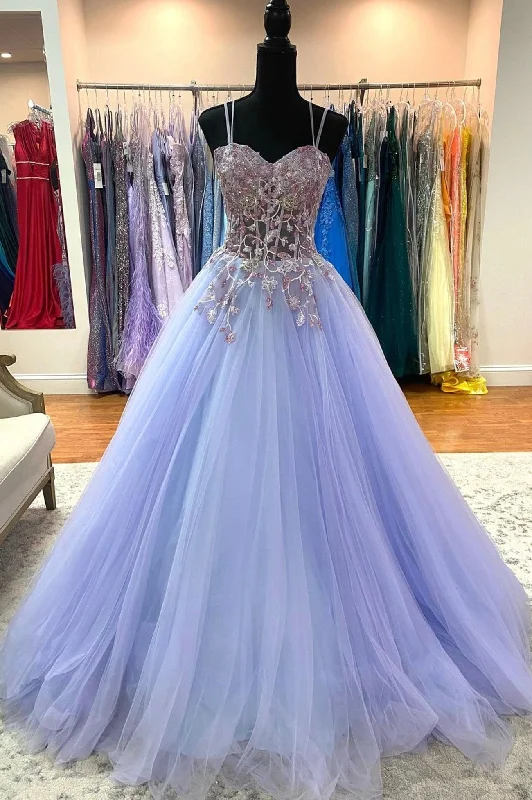 Sale Event Purple Spaghetti Strap Lace Floor Length Prom Dress