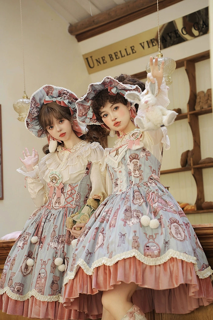 Alice Girl~Teddy Bear Wall~Kawaii Lolita OP Dress Teddy Bear Embroidery JSK