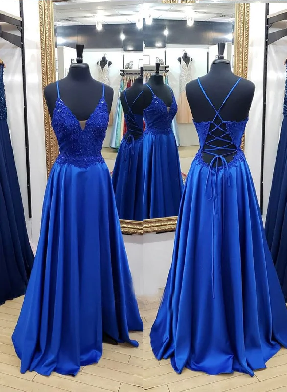 Price Slash Blue Spaghetti Strap Satin Lace Long Prom Dress, Blue V-Neck Evening Dress