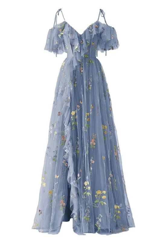 Midnight Madness satin dressFlower Embroidery Tulle Prom Dresses for Teens Long Spaghetti Straps Ruffle Formal Prom Gowns Y5836
