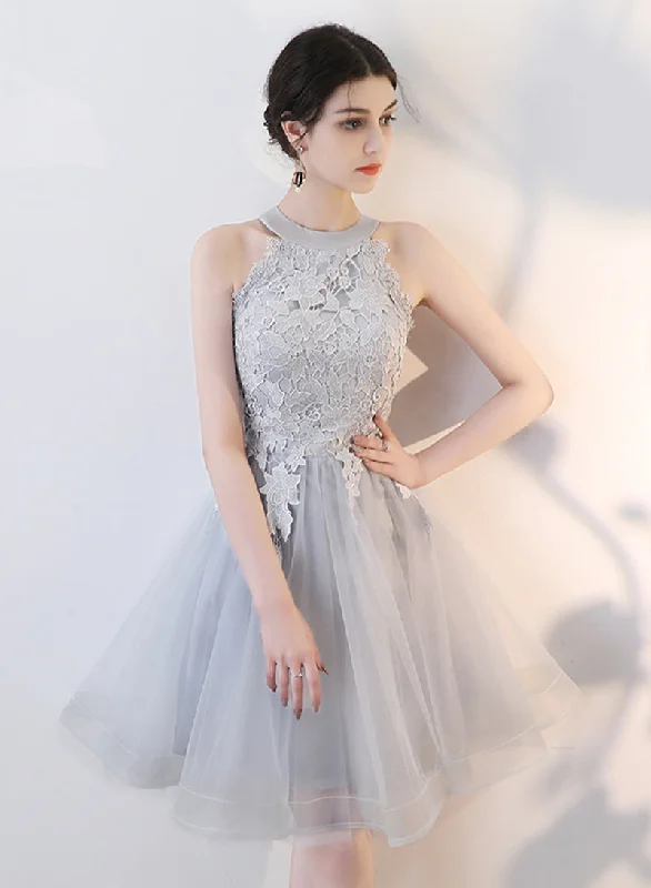 Great Deals Gray Tulle Lace Short Prom Dress, Cute A-Line Party Dress