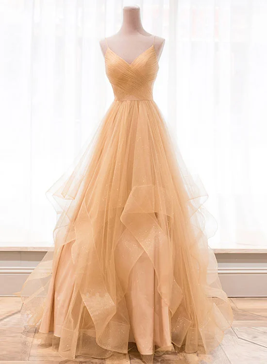 Deal Alert Champagne Spaghetti Strap V-Neck Tulle Long Prom Dress, A-Line Backless Evening Party Dress Deal Alert Champagne Spaghetti Strap V-Neck Tulle Long Prom Dress, A-Line Backless Evening Party Dress