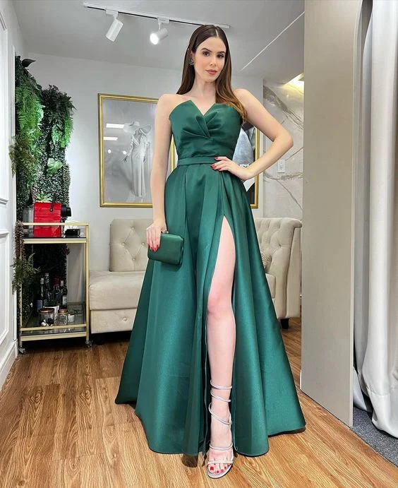 Act Fast bodycon dressCute A Line Green Long Prom Dresses with Slit Y5373