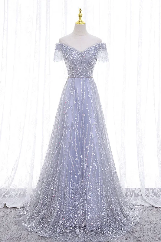 Stock Clearance Gray Tulle Sequins Long Prom Dress, Off the Shoulder Evening Dress Stock Clearance Gray Tulle Sequins Long Prom Dress, Off the Shoulder Evening Dress