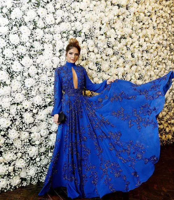 Royal Blue A-line Evening Dress Long Sleeve,Glam Dress Y5347