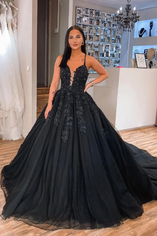 Midnight Madness Black Spaghetti Strap Lace Long Prom Dress, Black A-Line Evening Gown Midnight Madness Black Spaghetti Strap Lace Long Prom Dress, Black A-Line Evening Gown