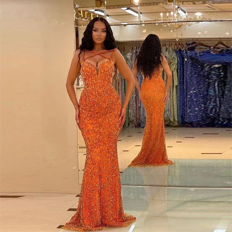 Orange Sequined Mermaid Prom Dresses Across Straps Sleeveless Evening Gowns Saudi Arabia Women Formal Occasion Party Dress