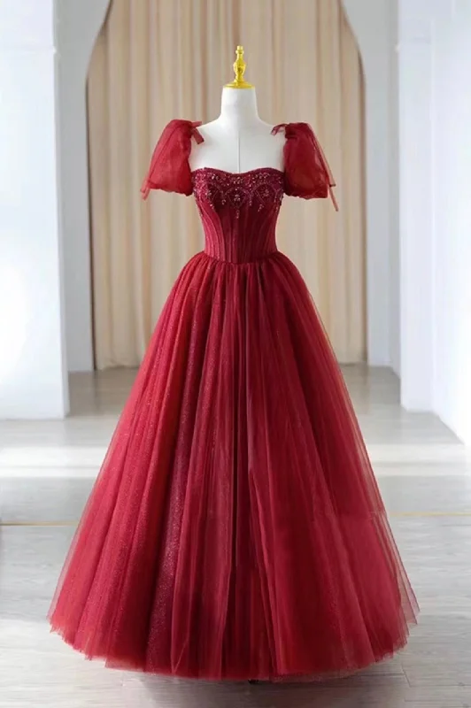 Final Clearance Burgundy Tulle Beaded Long Prom Dress