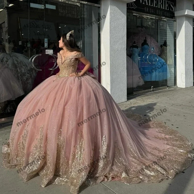 Pink Shiny Quinceanera Dresses Gold Lace Appliqued Crystal Off the Shoulder