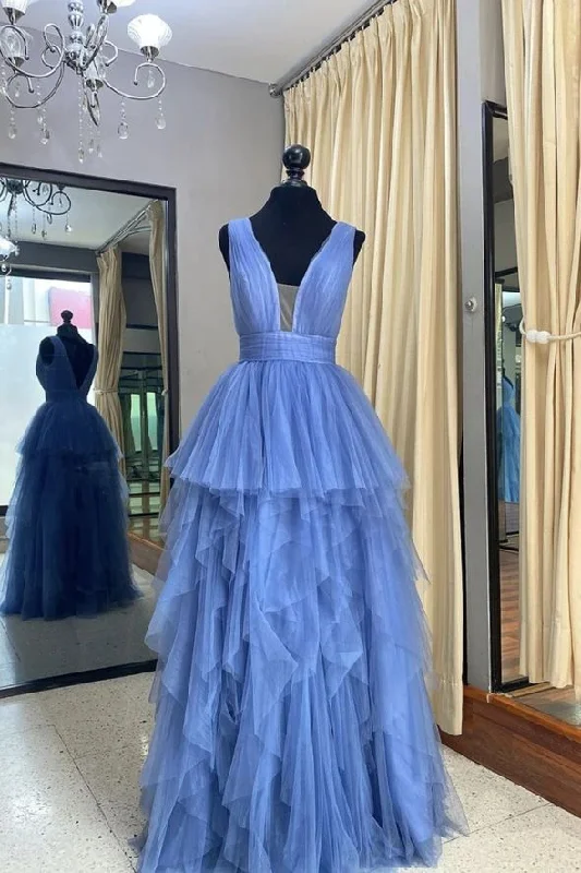 Blue tulle long prom dress A line evening dress Y5340