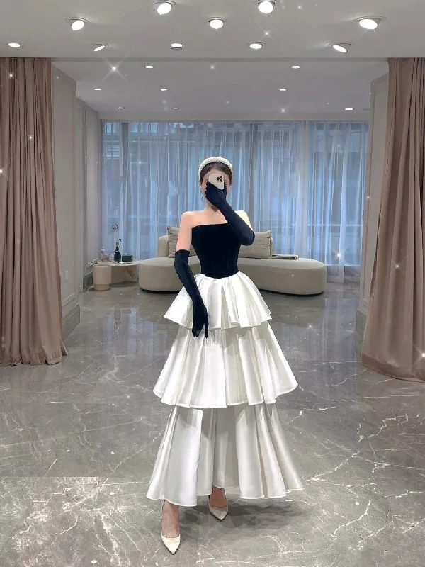 Members Only silk dressStrapless A-line Multi-layered Evening Dress,Evening Party Dress Y4380