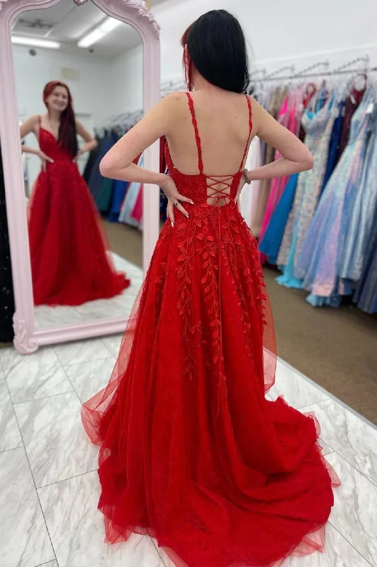 Discount Mania Red Spaghetti Strap Tulle Lace Long Prom Dress