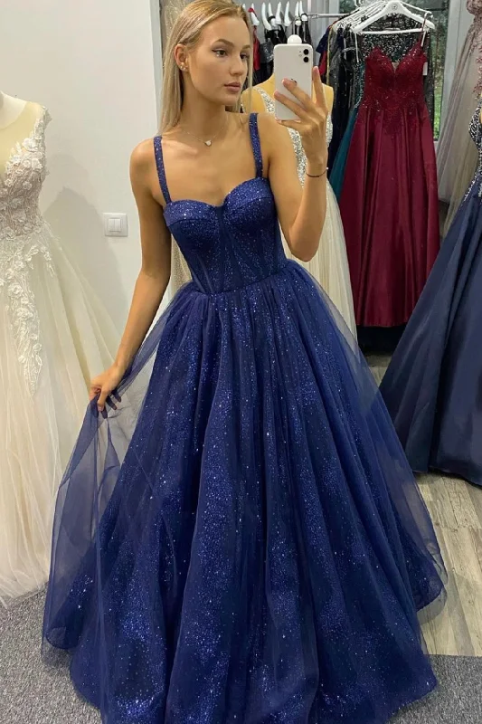 Act Fast Navy Blue Sweetheart Neck Tulle Floor Length Prom Dress
