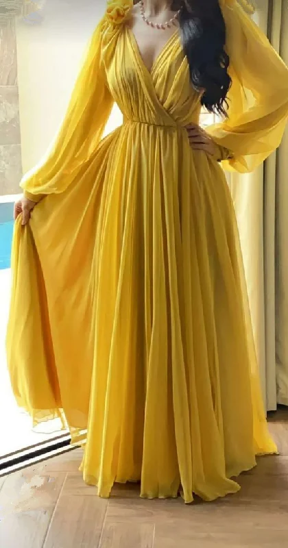 Don't Wait printed dressYellow A-line V Neck Long Sleeves Prom Dress,Yellow Wedding Guest Outfit Y5792