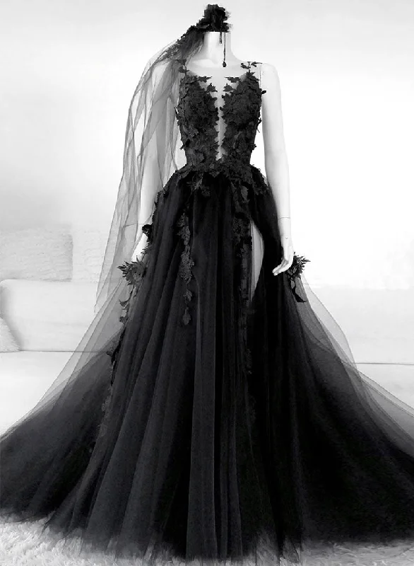 Closeout Sale Black Tulle Lace Long Prom Dress, Black A-Line Backless Evening Dress