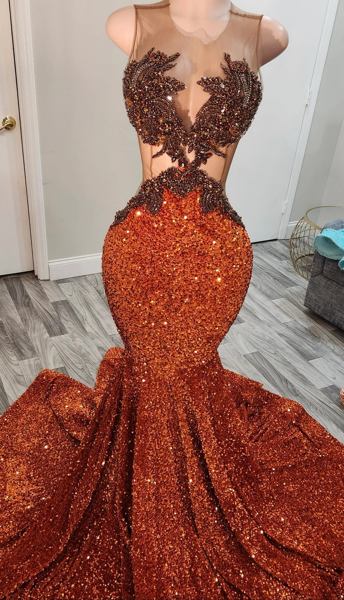 Luxury burnt orange velvet seqins dress,Mermaid dress,Long Reception dress, Black girl dress,Wedding dress,Free shipping