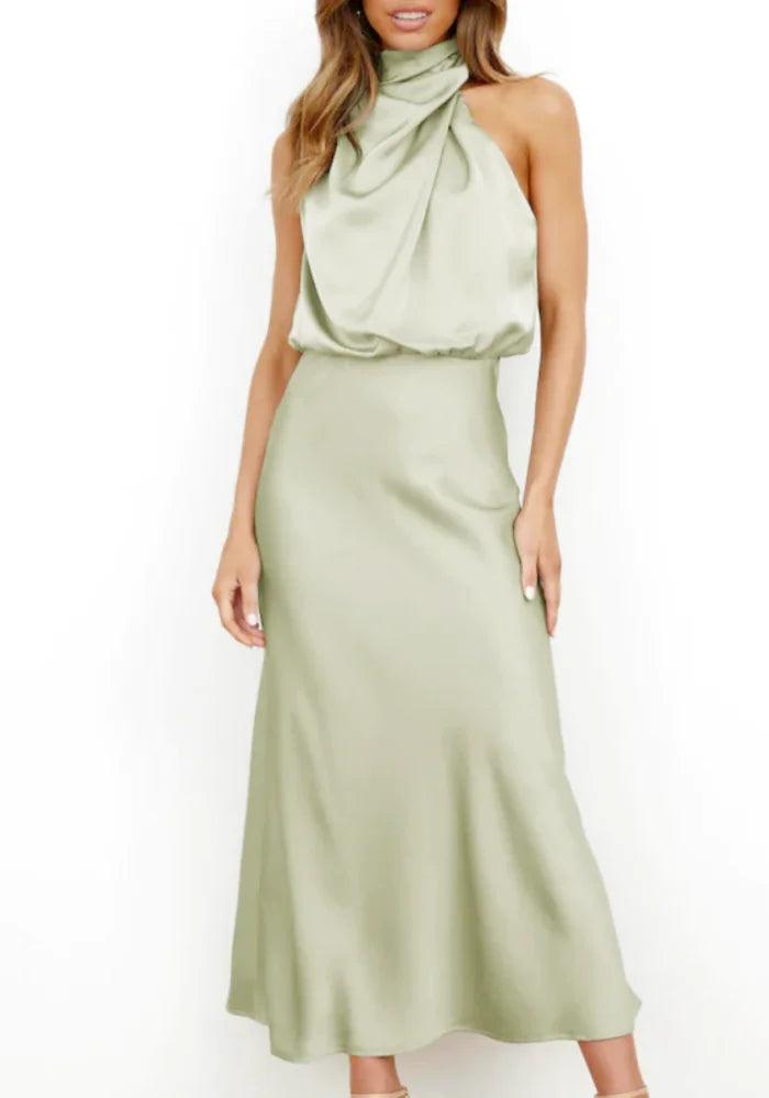 Stock Clearance casual knit dressGreen Satin drape Asymmetric Strap Midi Dress