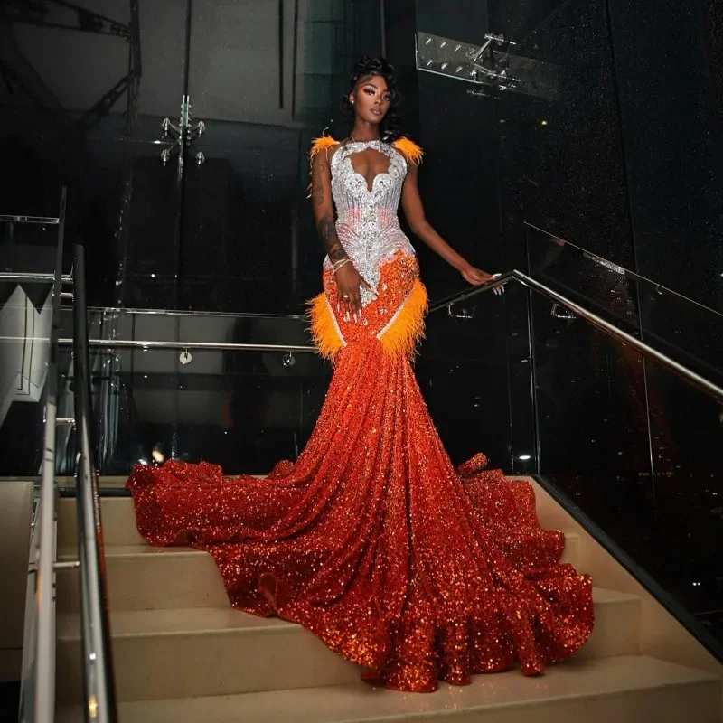 Luxury Orange Prom Dresses For Black Girls Feathers Rhinestone Sequin Mermaid Party Gowns Afrcian Women Crystal Evening Dress