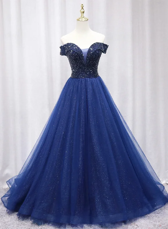 Daily Deals Blue Tulle Beaded Long Prom Dress, Off the Shoulder Evening Party Dress