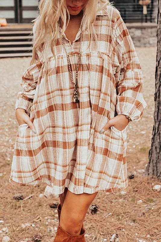 Flash Sale Brown Plaid Print Side Pockets Frilled Babydoll Mini Dress
