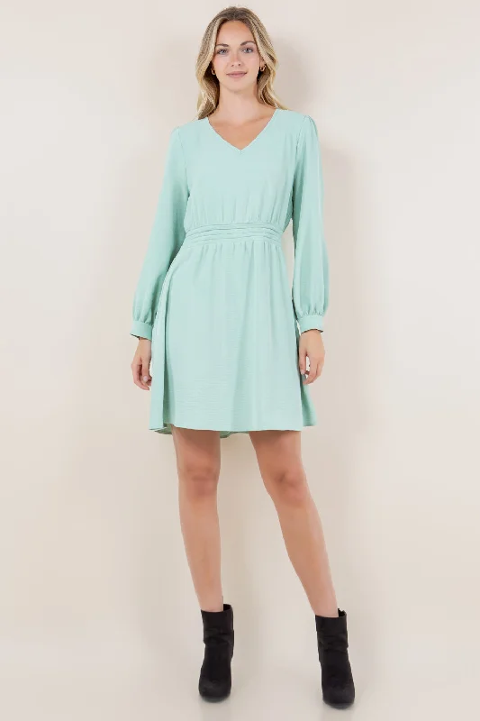 Great Bargains form-fitting dressLS V NECK PLEATED WAIST ALINE DRESS - D3458-AFLW
