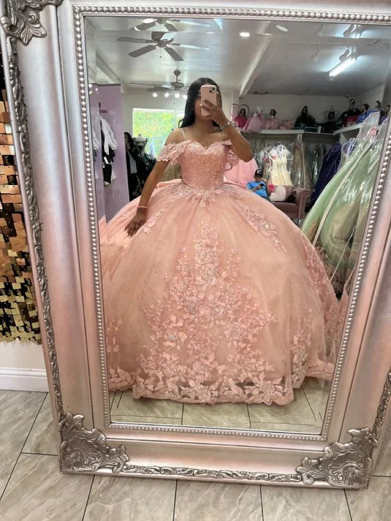 Don’t Miss Out off-the-shoulder dressCharming Pink Off The Shoulder Ball Gown,Pink Sweet 16 Dress  Y5885