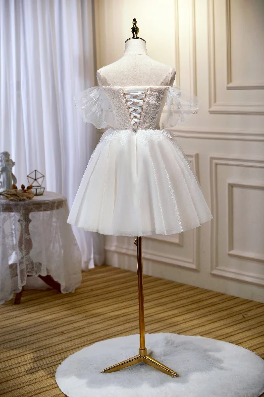 Steals and Deals Chic Ivory Spaghetti Straps Off The Shoulder Tulle Homecoming Dresses