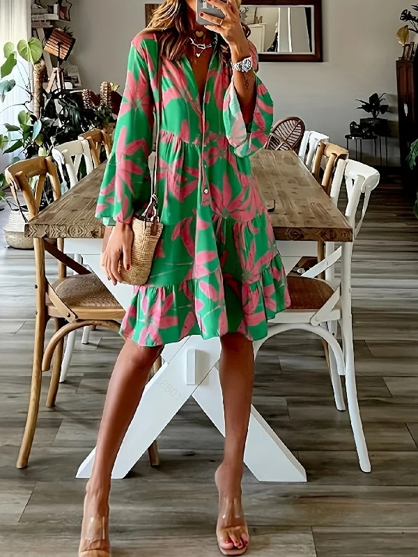 Exclusive Offers Leaves Print Tiered Long Sleeve Dress