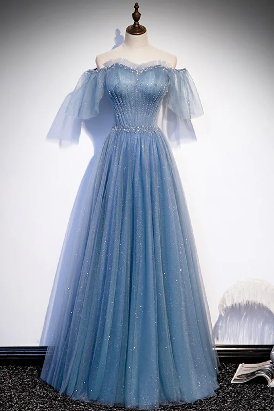 Savings Alert Beautiful Blue Tulle Off the Shoulder Floor Length Prom Dress