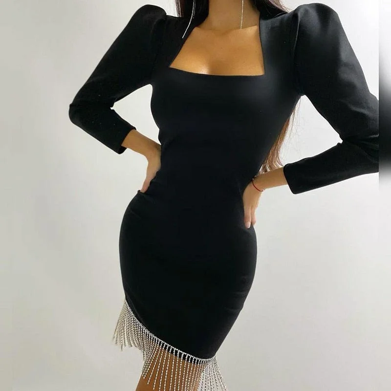 Crazy Savings vintage-inspired dressBerriesJam - 2024 Square Collar Long Sleeve Slim Tassel Party Dress