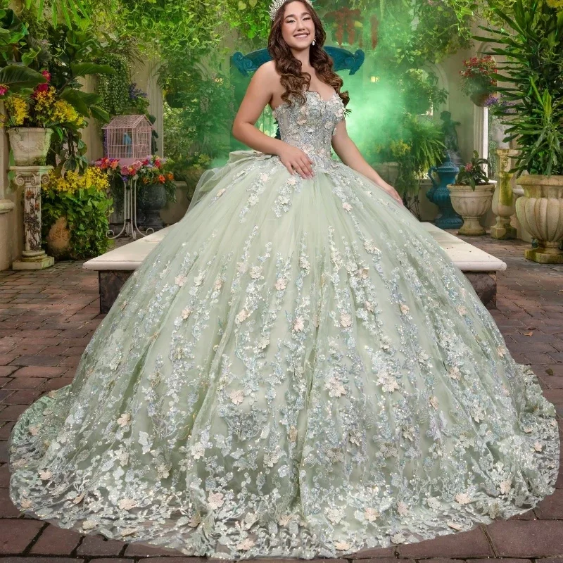 Sage Green Shiny Tulle Quinceanera Dresses Sweetheart Beads Applique Lace Ball Gown Sweet Sixteen Dress Gowns vestidos