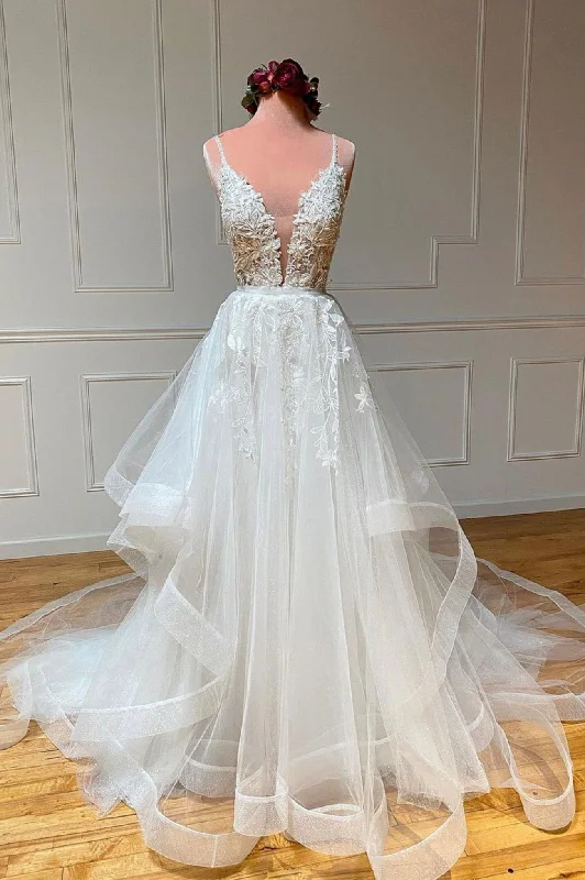 Markdowns White Spaghetti Strap V-Neck Lace Floor Length Prom Dress