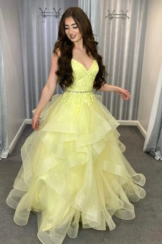 Special Savings Yellow V-Neck Lace Long Prom Dress, Yellow Spaghetti Strap Evening Dress Special Savings Yellow V-Neck Lace Long Prom Dress, Yellow Spaghetti Strap Evening Dress