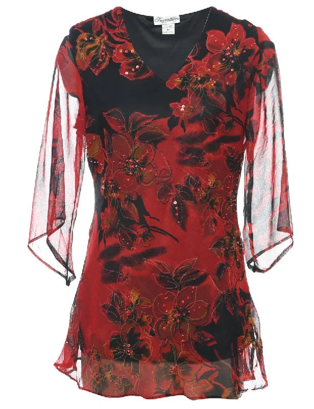 Great Deals modern outerwearFloral Print Y2K Red & Black Beaded & Sequined Party Top - S