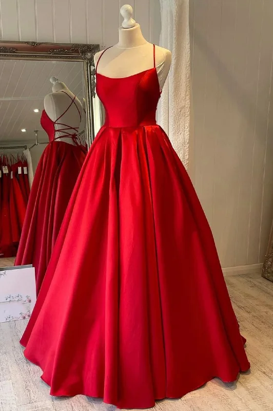 Final Markdown Red Spaghetti Strap Satin Long Prom Dress, A-Line Backless Evening Dress