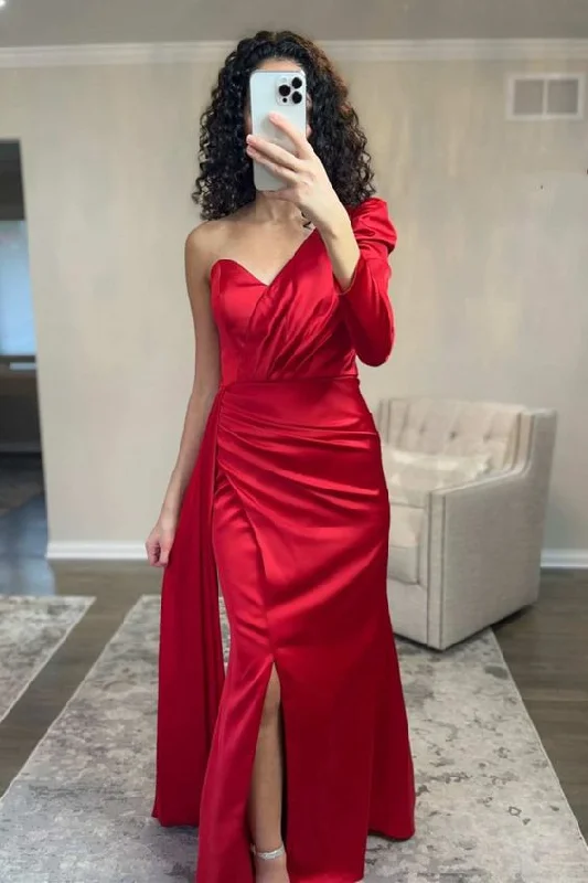 Closeout boho-chic dressAsymmetrical Red One-Sleeve Mermaid Long Prom Dress with Slit Y5722