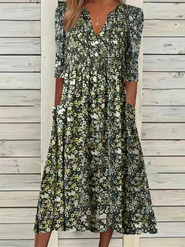 Stock Up and Save Ditsy Floral Print V Neck Dress, Casual Ruched Summer Dress With Pockets Stock Up and Save Ditsy Floral Print V Neck Dress, Casual Ruched Summer Dress With Pockets