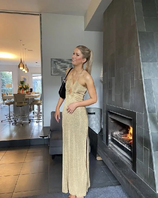 Instant Discount silk dressSheath/Column Halter Neckline Long Prom Dress Evening Gown Y2816