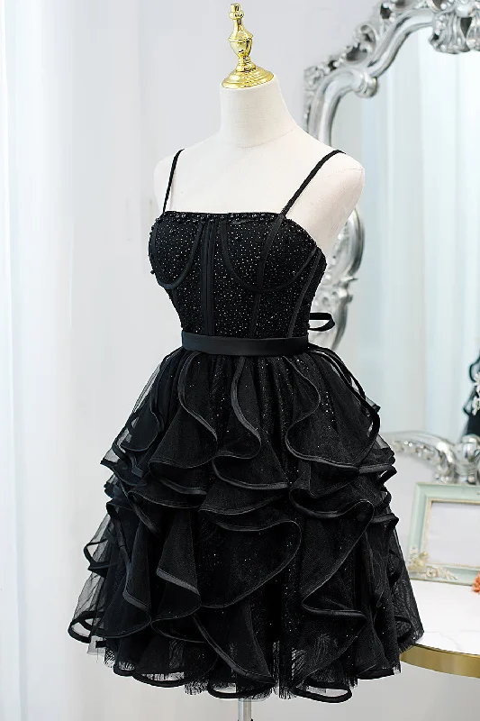 Grand Opening Sale Black Sequins Spaghetti Straps Tulle Short Homecoming Dresses