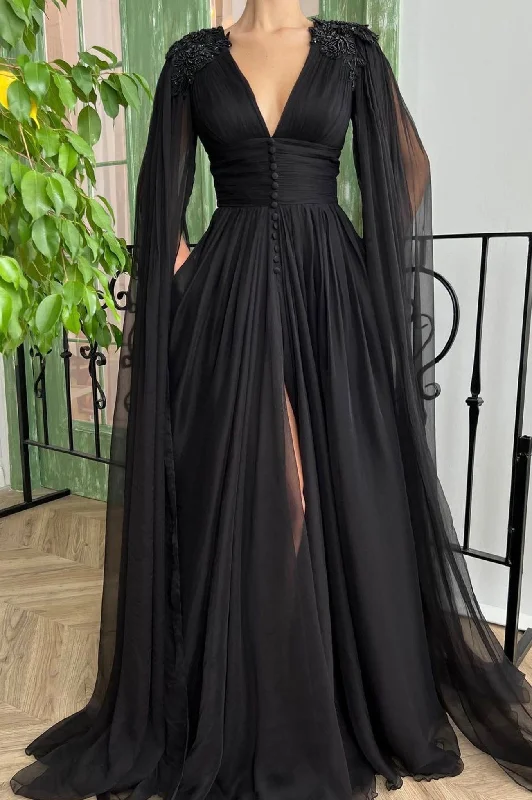Super Sale Black V-Neck Chiffon Long Prom Dress, Long Sleeve A-Line Party Dress