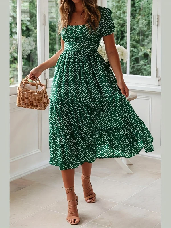 Loyalty Reward Polka Dot Ruffle Hem Dress, Casual Square Neck Short Sleeve Dress