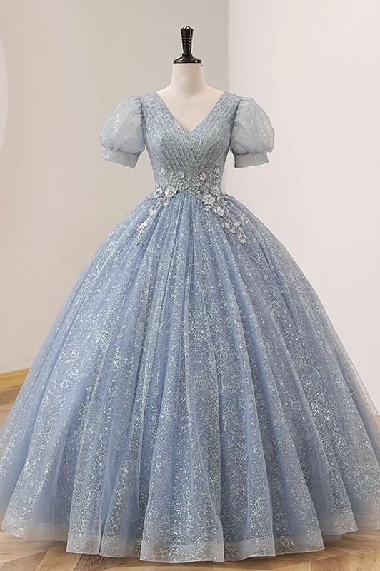 Major Savings Blue V-Neck Tulle Floor Length Prom Dress, A-Line Short Sleeve Evening Dress Major Savings Blue V-Neck Tulle Floor Length Prom Dress, A-Line Short Sleeve Evening Dress