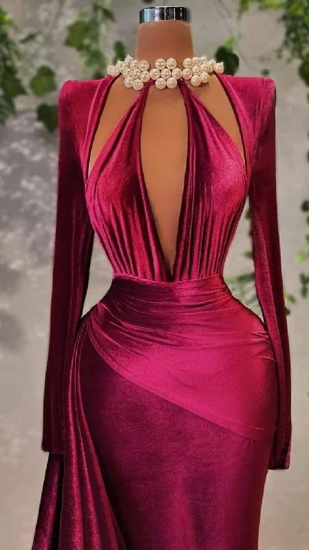 Sexy Velvet Long Sleeve Evening Dress,Chic Evening Gown Y4934