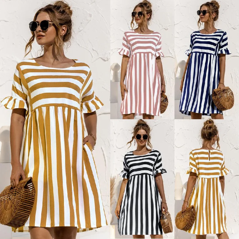 Buy More, Save More party dressRuffled Short-sleeved Striped Stitching Contrast Pocket Loose Dress