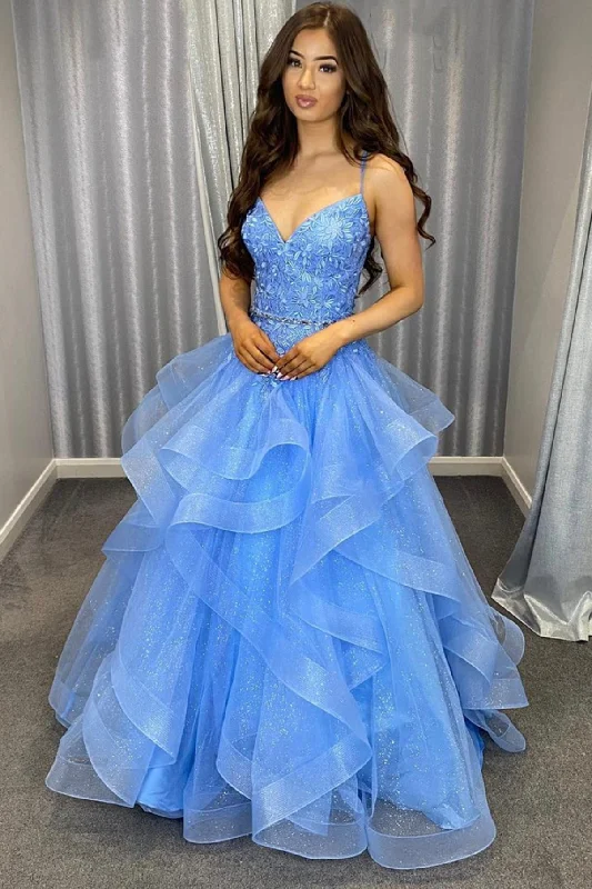 Super Bargain Blue V-Neck Tulle Layers Lace Floor Length Prom Dress, Blue Formal Evening Dress