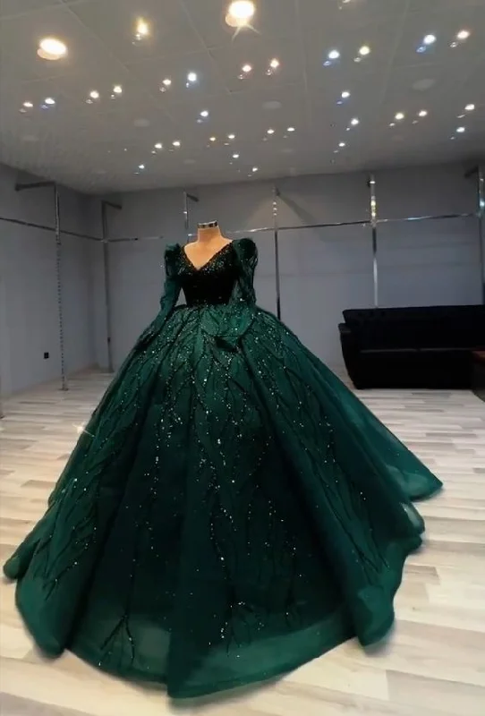 Luxurious Green Long Sleeves Ball Gown,Green Sweet 16 Dress Y6558