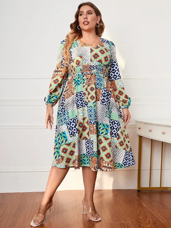 BerriesJam - 2024 Patchwork Long Sleeve Plus Size V Neck Party Dress